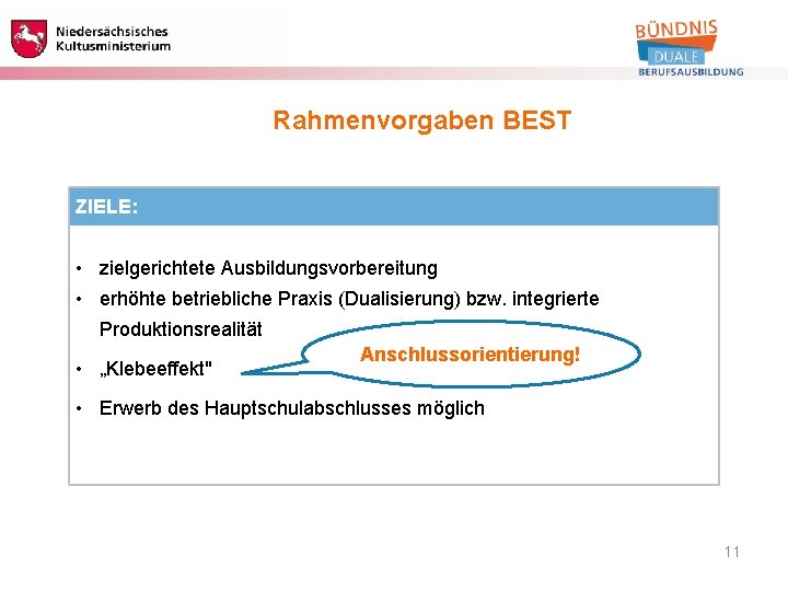 Berufliche Bildung Rahmenvorgaben BEST ZIELE: • zielgerichtete Ausbildungsvorbereitung • erhöhte betriebliche Praxis (Dualisierung) bzw.