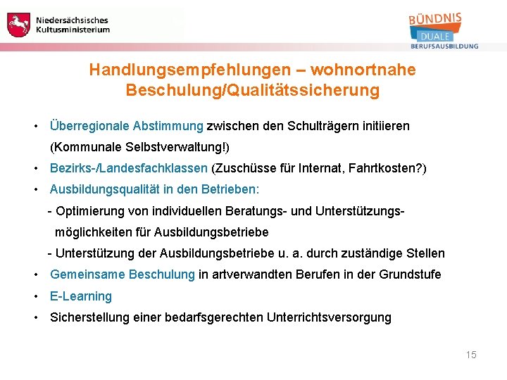 Berufliche Bildung Handlungsempfehlungen – wohnortnahe Beschulung/Qualitätssicherung • Überregionale Abstimmung zwischen den Schulträgern initiieren (Kommunale