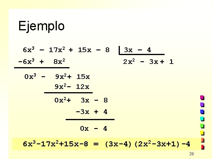 Ejemplo 6 x 3 – 17 x 2 + 15 x – 8 -6