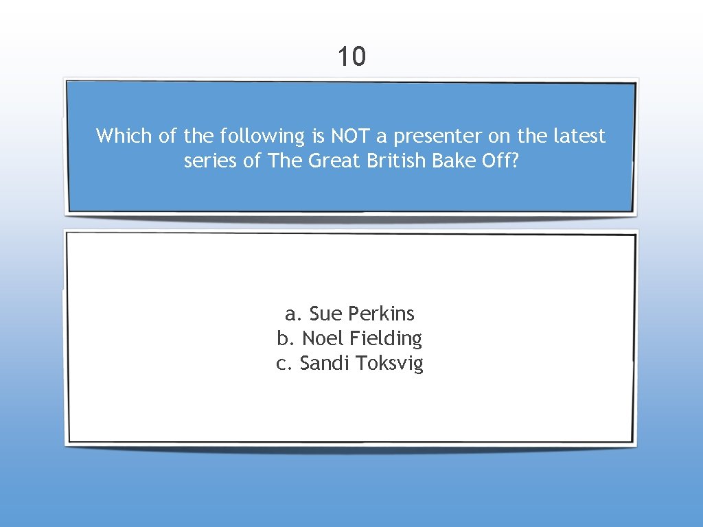 10 Which of the following is NOT a presenter on the latest series of