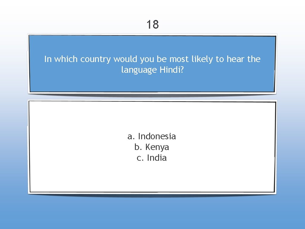 18 In which country would you be most likely to hear the language Hindi?