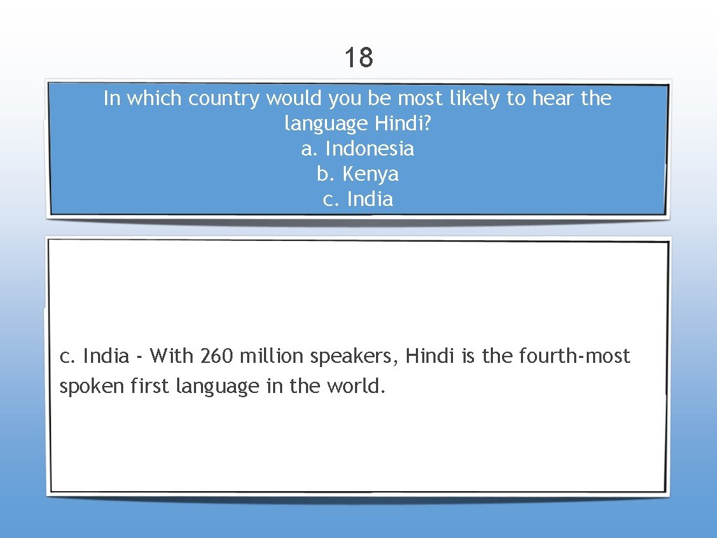 18 In which country would you be most likely to hear the language Hindi?