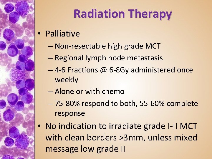 Radiation Therapy • Palliative – Non-resectable high grade MCT – Regional lymph node metastasis