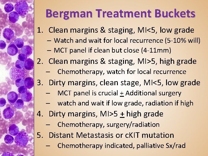 Bergman Treatment Buckets 1. Clean margins & staging, MI<5, low grade – Watch and