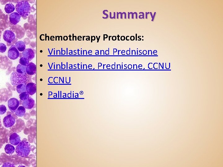 Summary Chemotherapy Protocols: • Vinblastine and Prednisone • Vinblastine, Prednisone, CCNU • Palladia® 