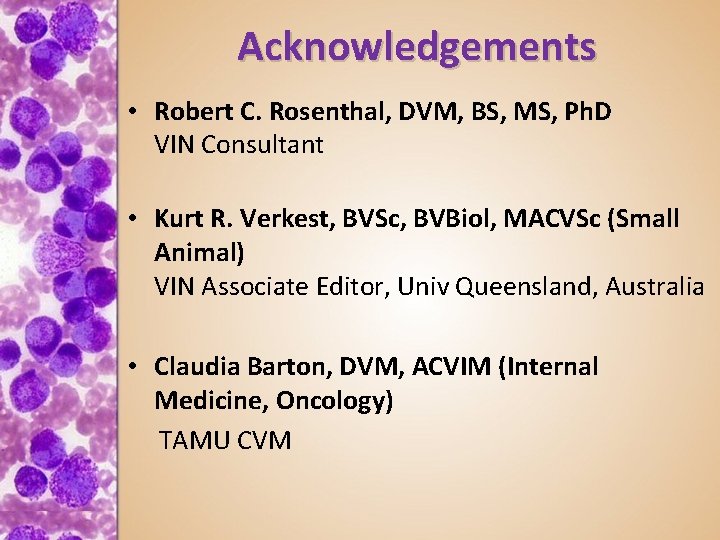 Acknowledgements • Robert C. Rosenthal, DVM, BS, MS, Ph. D VIN Consultant • Kurt