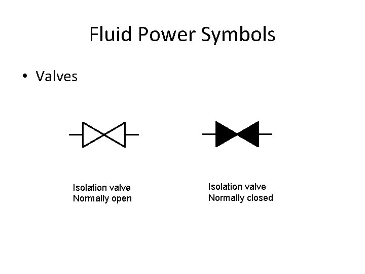 Fluid Power Symbols • Valves Isolation valve Normally open Isolation valve Normally closed 