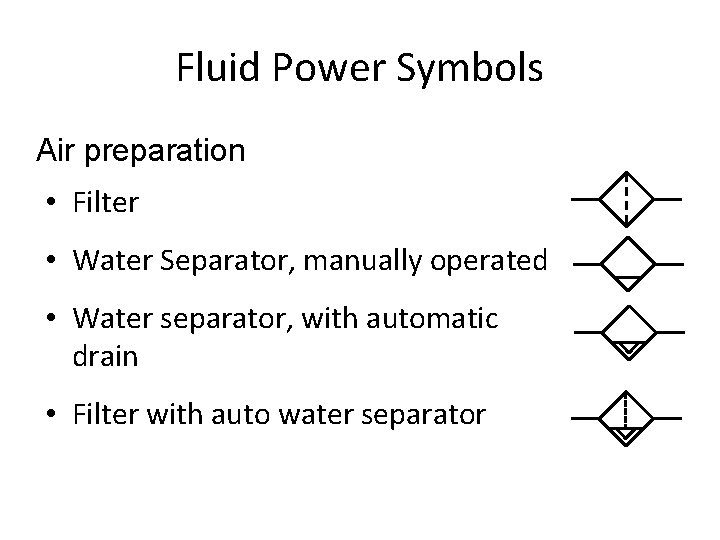 Fluid Power Symbols Air preparation • Filter • Water Separator, manually operated • Water