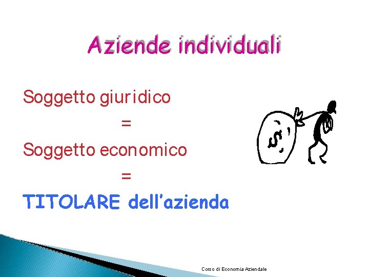 Aziende individuali Soggetto giur idico = Soggetto economico = TITOLARE dell’azienda Corso di Economia