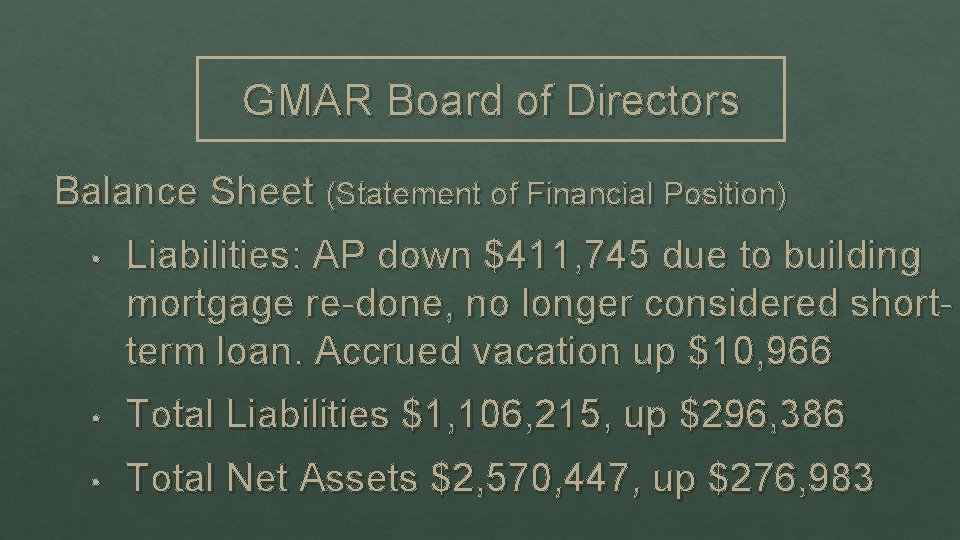 GMAR Board of Directors Balance Sheet (Statement of Financial Position) • Liabilities: AP down