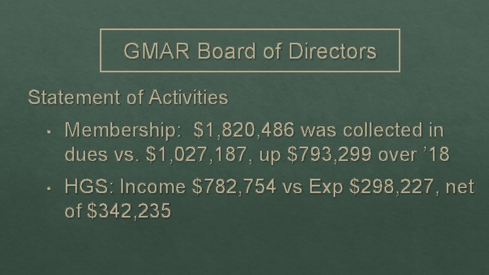 GMAR Board of Directors Statement of Activities • Membership: $1, 820, 486 was collected