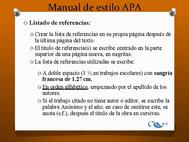 Manual de estilo APA O Listado de referencias: O Crear la lista de referencias