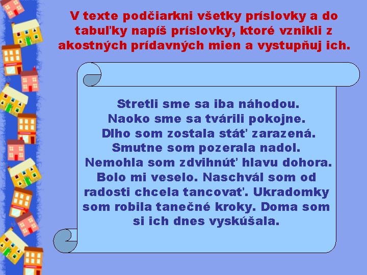 V texte podčiarkni všetky príslovky a do tabuľky napíš príslovky, ktoré vznikli z akostných