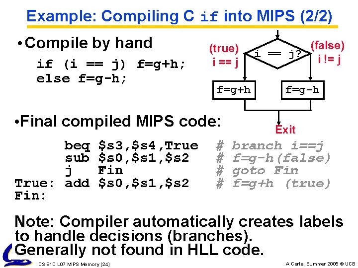 Example: Compiling C if into MIPS (2/2) • Compile by hand if (i ==