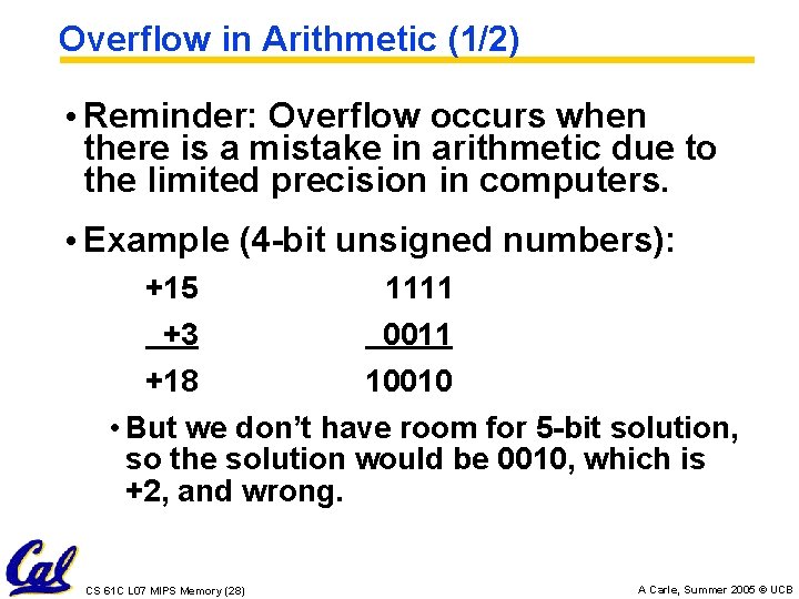 Overflow in Arithmetic (1/2) • Reminder: Overflow occurs when there is a mistake in