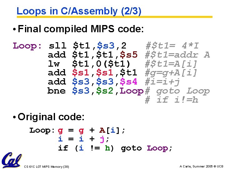 Loops in C/Assembly (2/3) • Final compiled MIPS code: Loop: sll add lw add