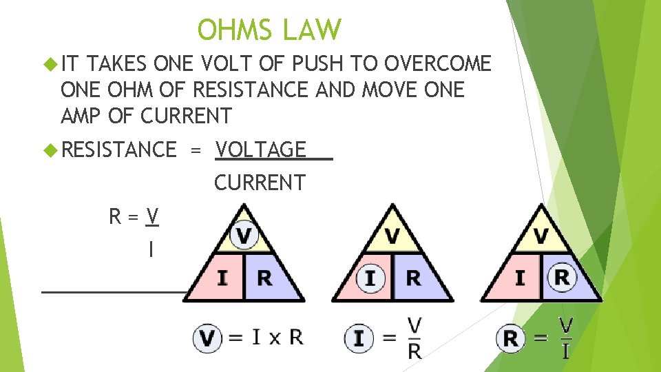 OHMS LAW IT TAKES ONE VOLT OF PUSH TO OVERCOME ONE OHM OF RESISTANCE OHMS LAW IT TAKES ONE VOLT OF PUSH TO OVERCOME ONE OHM OF RESISTANCE