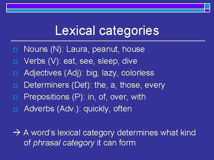 Lexical categories o o o Nouns (N): Laura, peanut, house Verbs (V): eat, see,