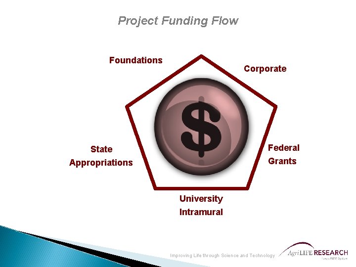 Project Funding Flow Foundations Corporate State Federal Appropriations Grants University Intramural Improving Life through