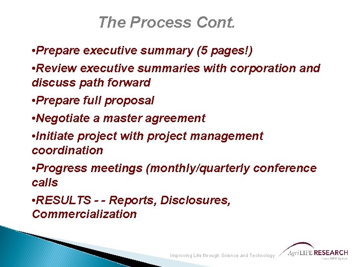 The Process Cont. • Prepare executive summary (5 pages!) • Review executive summaries with