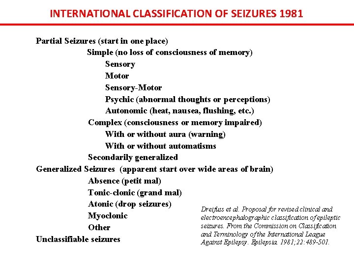 INTERNATIONAL CLASSIFICATION OF SEIZURES 1981 Partial Seizures (start in one place) Simple (no loss