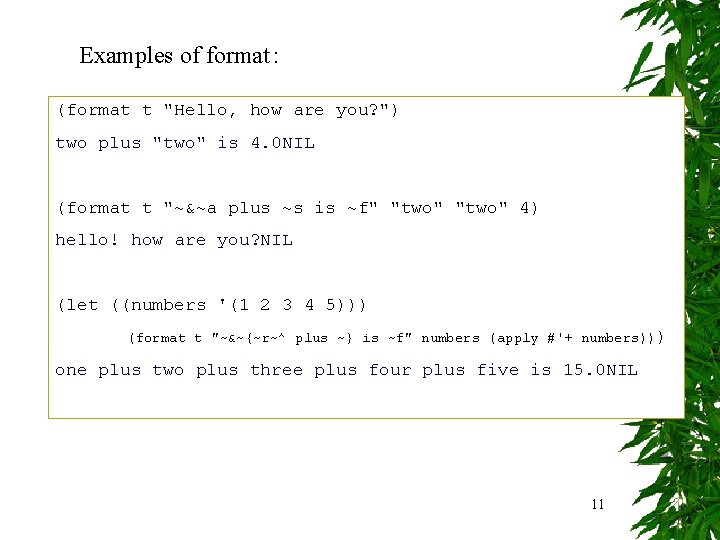 Examples of format： (format t "Hello, how are you? ") two plus "two" is