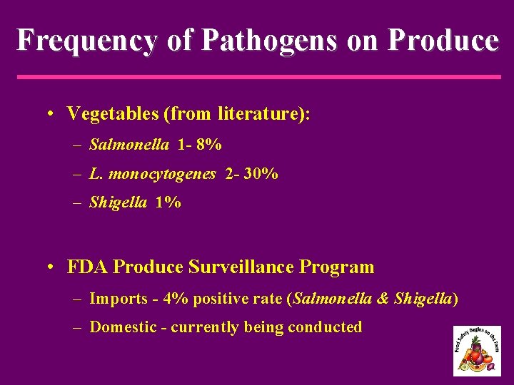 Frequency of Pathogens on Produce • Vegetables (from literature): – Salmonella 1 - 8%