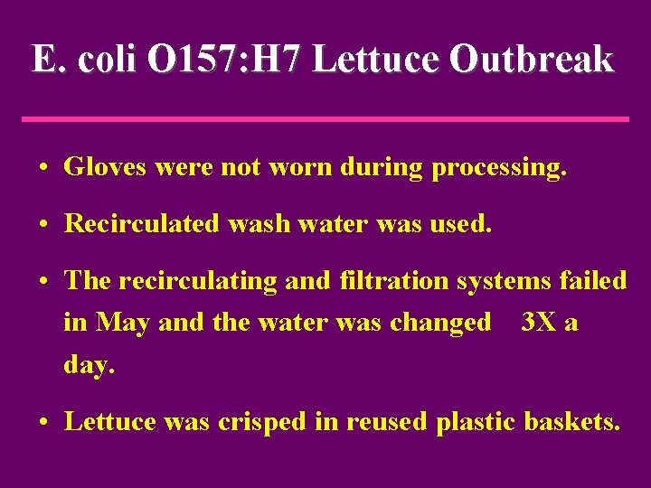 E. coli O 157: H 7 Lettuce Outbreak • Gloves were not worn during