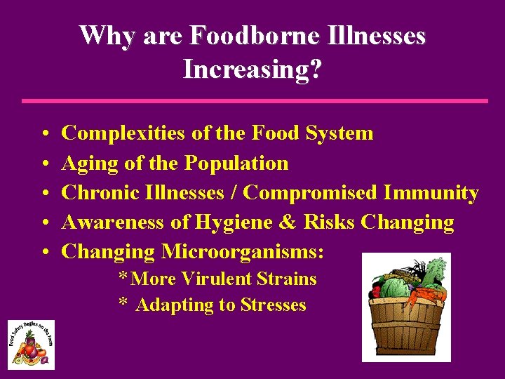 Why are Foodborne Illnesses Increasing? • • • Complexities of the Food System Aging