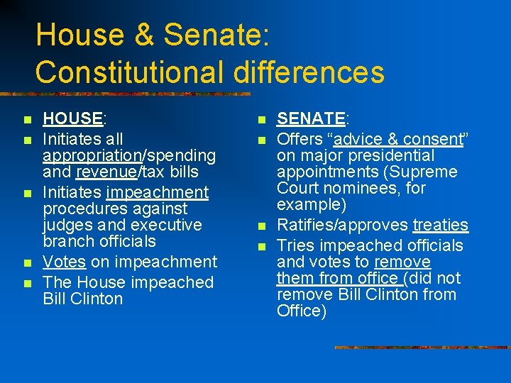 House & Senate: Constitutional differences n n n HOUSE: Initiates all appropriation/spending and revenue/tax