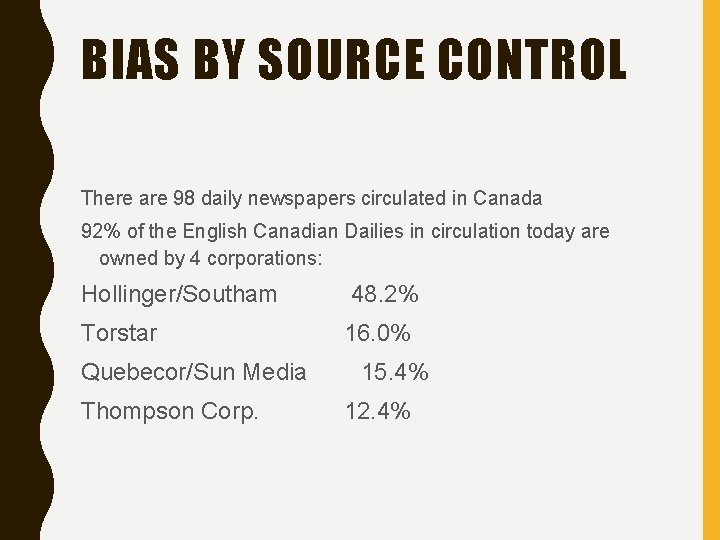 BIAS BY SOURCE CONTROL There are 98 daily newspapers circulated in Canada 92% of