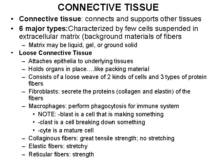 CONNECTIVE TISSUE • Connective tissue: connects and supports other tissues • 6 major types: