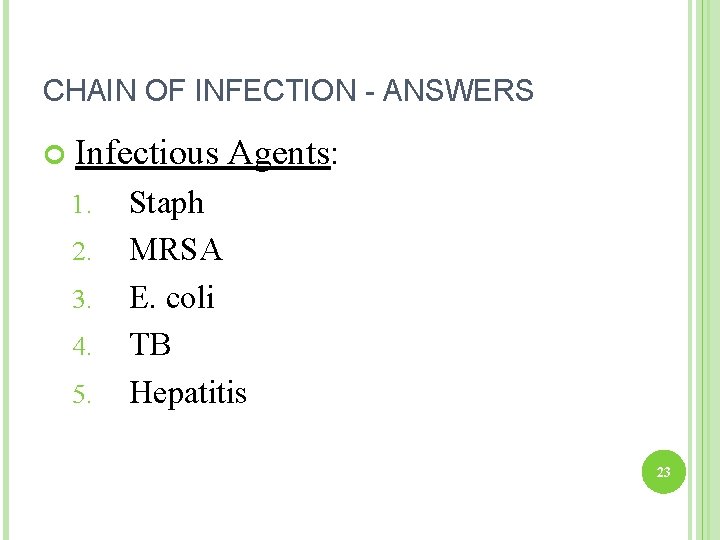 CHAIN OF INFECTION - ANSWERS Infectious Agents: 1. 2. 3. 4. 5. Staph MRSA