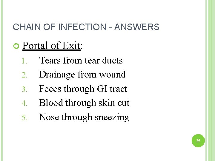 CHAIN OF INFECTION - ANSWERS Portal of Exit: 1. 2. 3. 4. 5. Tears
