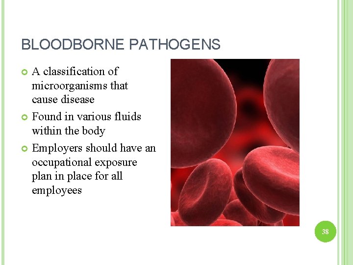 BLOODBORNE PATHOGENS A classification of microorganisms that cause disease Found in various fluids within
