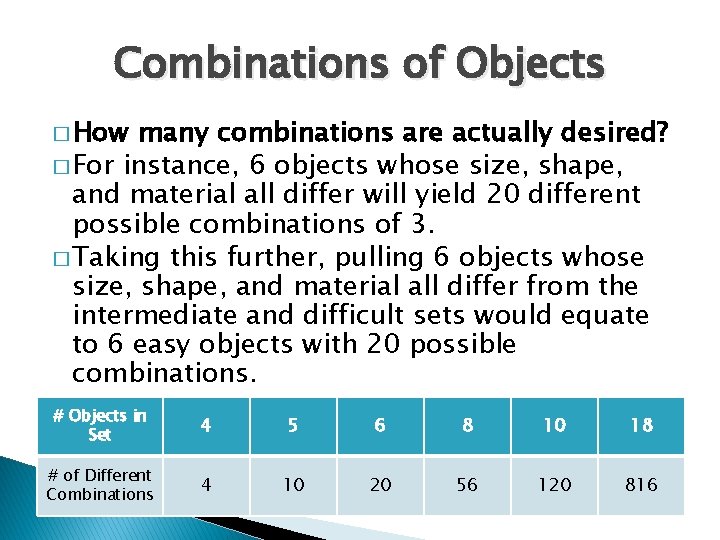 Combinations of Objects � How many combinations are actually desired? � For instance, 6