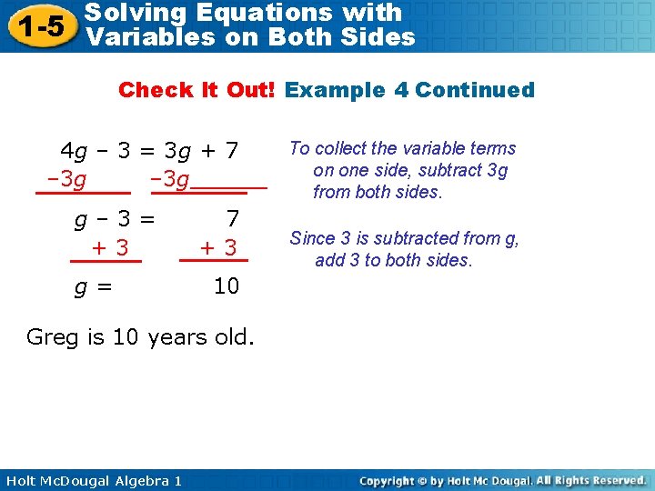 Solving Equations with 1 -5 Variables on Both Sides Check It Out! Example 4