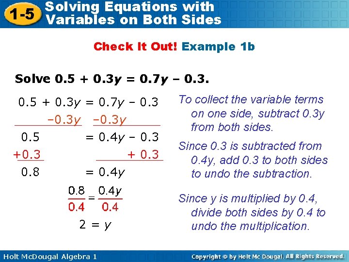 Solving Equations with 1 -5 Variables on Both Sides Check It Out! Example 1