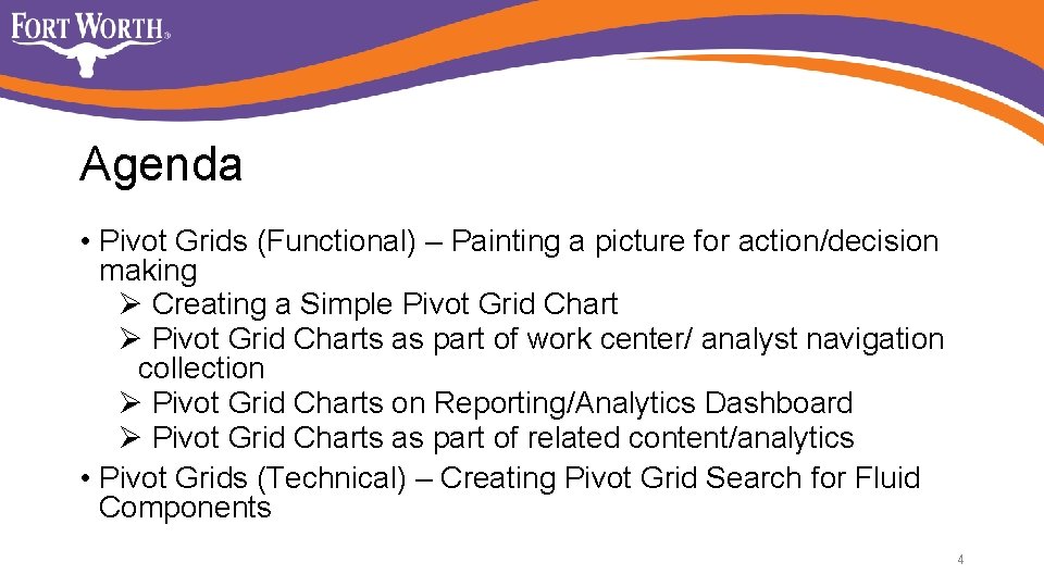 Agenda • Pivot Grids (Functional) – Painting a picture for action/decision making Ø Creating