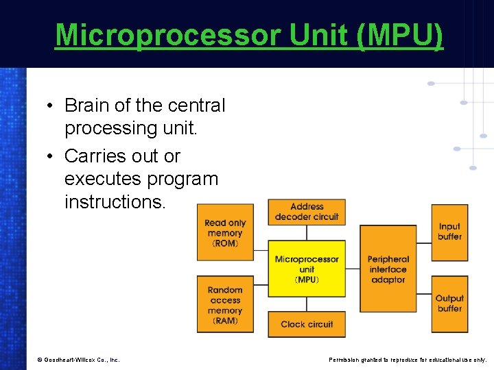Microprocessor Unit (MPU) • Brain of the central processing unit. • Carries out or Microprocessor Unit (MPU) • Brain of the central processing unit. • Carries out or