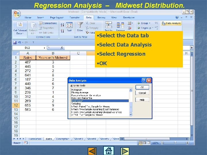 Regression Analysis – Midwest Distribution. • Select the Data tab • Select Data Analysis