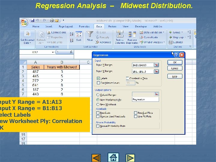 Regression Analysis – Midwest Distribution. nput Y Range = A 1: A 13 nput