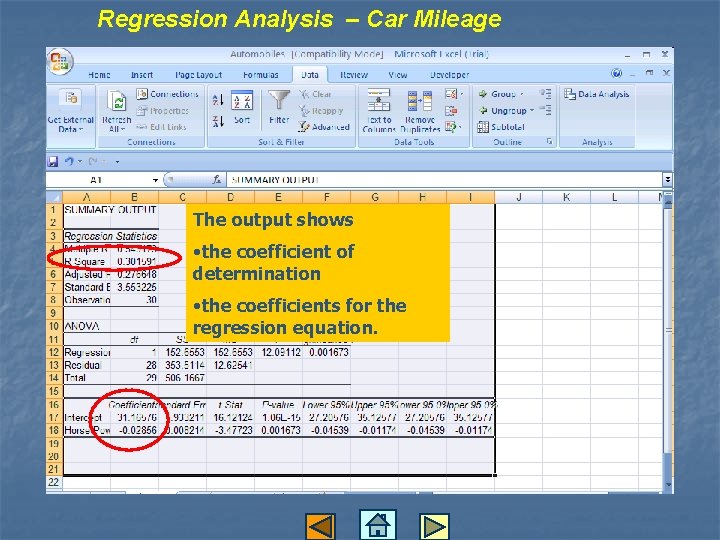 Regression Analysis – Car Mileage The output shows • the coefficient of determination •