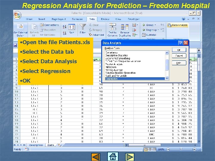 Regression Analysis for Prediction – Freedom Hospital • Open the file Patients. xls •