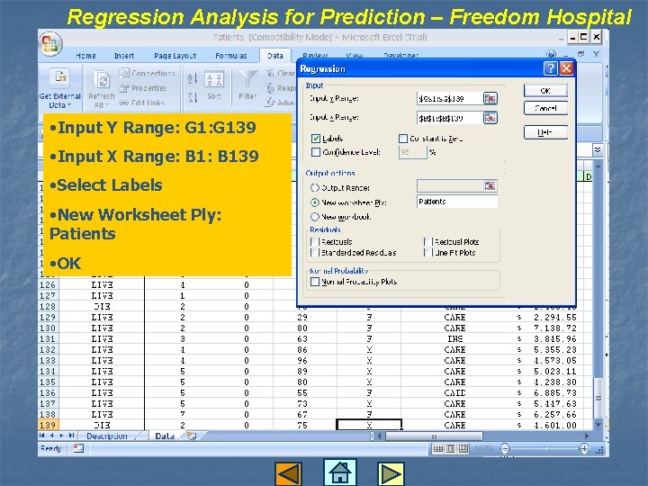 Regression Analysis for Prediction – Freedom Hospital • Input Y Range: G 139 •