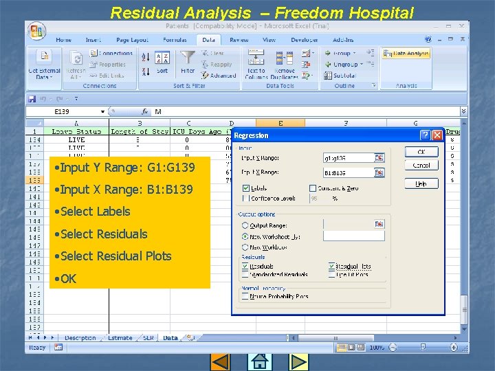 Residual Analysis – Freedom Hospital • Input Y Range: G 139 • Input X