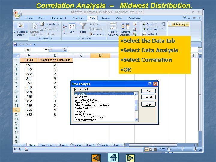 Correlation Analysis – Midwest Distribution. • Select the Data tab • Select Data Analysis