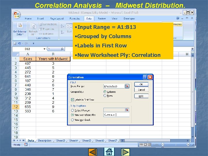 Correlation Analysis – Midwest Distribution. • Input Range = A 1: B 13 •