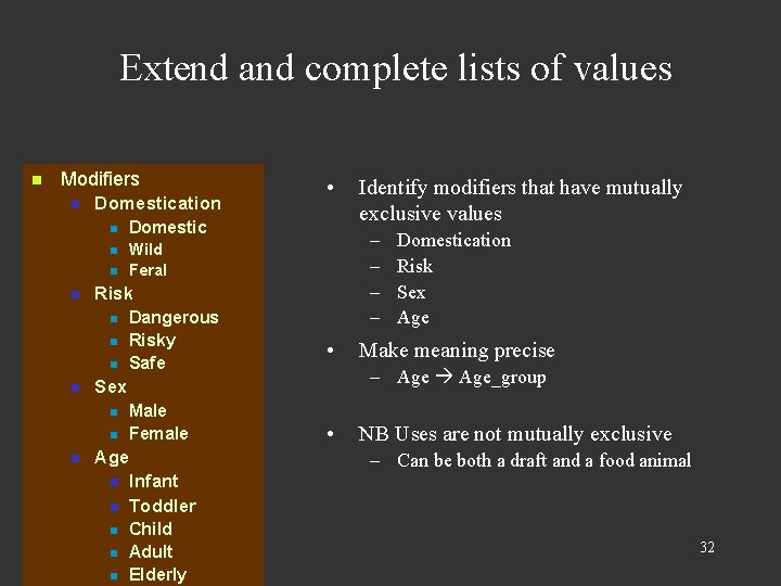 Extend and complete lists of values n Modifiers n Domestication n Domestic n Wild