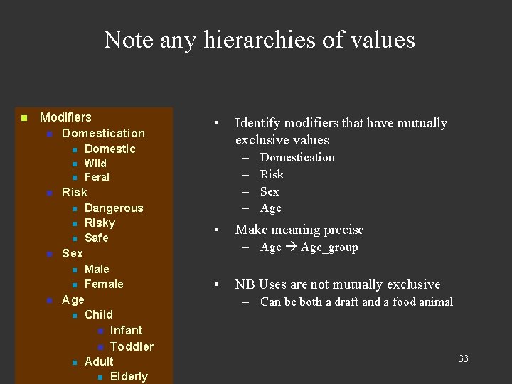 Note any hierarchies of values n Modifiers n Domestication n Domestic n Wild Feral